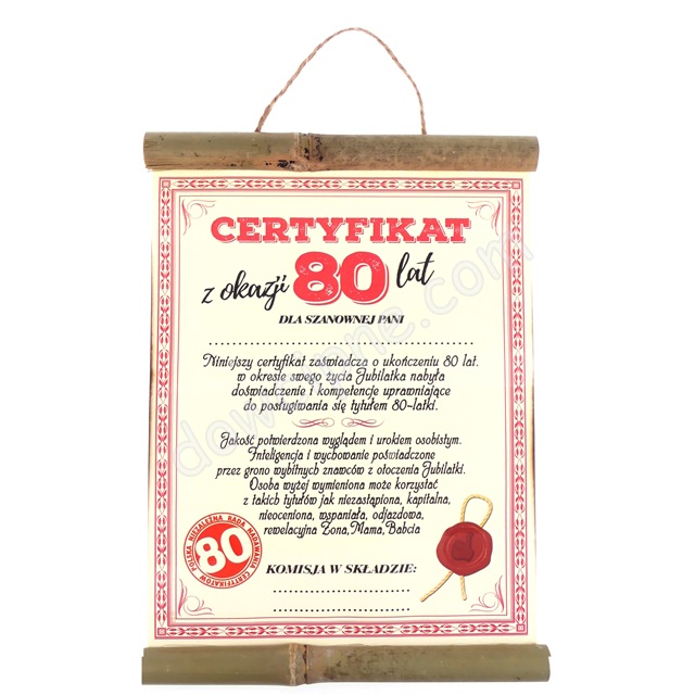 Dyplom bambus AR083 - Certyfikat z okazji 80 lat (dla Pani)