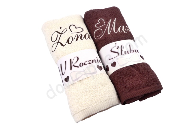 Ręczniki haftowane (2 szt.) duże - W rocznicę Ślubu Mąż Żona (ecru/brąz)