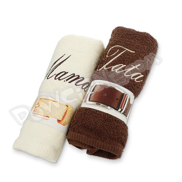 Ręczniki haftowane (2 szt.) - Mama Tata pasek (krem/brąz)