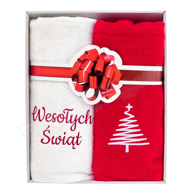 Ręcznik w pudełku zestaw 2 szt. 140x70 - Wesołych Świąt (biały/czerwony) choinka