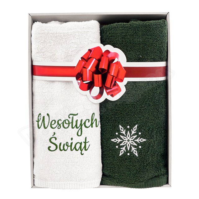 Ręcznik w pudełku zestaw 2 szt. 140x70 - Wesołych Świąt (biały/zielony)