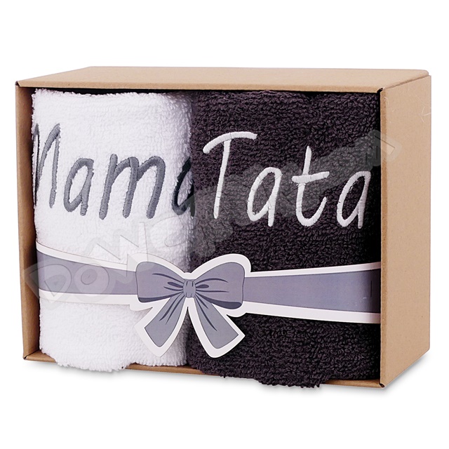 Ręczniki haftowane (2 szt.) w pudełku - Mama/Tata (biały/grafit)